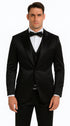 Black Satin Skinny Fit Tazzio Men's Double Breasted 3 Piece Suit with Peak Lapel and Bowtie