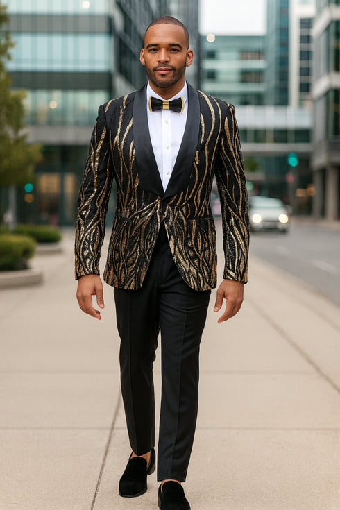 Black Tuxedo - Shawl Lapel Black and Gold Sequin Prom Tuxedo Mens Wedding Suit - Black Prom Suit
