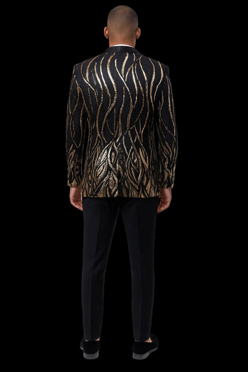 Black Tuxedo - Shawl Lapel Black and Gold Sequin Prom Tuxedo Mens Wedding Suit - Black Prom Suit