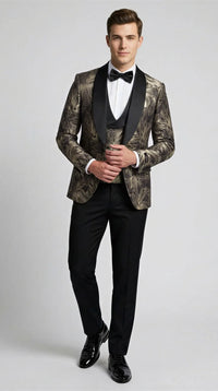 Men's Black & Gold Floral Shawl Lapel Tuxedo Set for Wedding & Prom