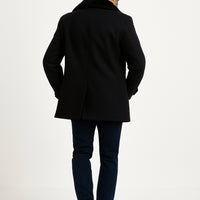 Mens Black Peacoat Wool Overcoat with Faux Fur Shawl Collar – Double-Breasted Winter Peacoat