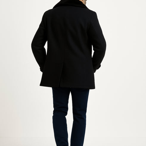 Mens Black Peacoat Wool Overcoat with Faux Fur Shawl Collar – Double-Breasted Winter Peacoat