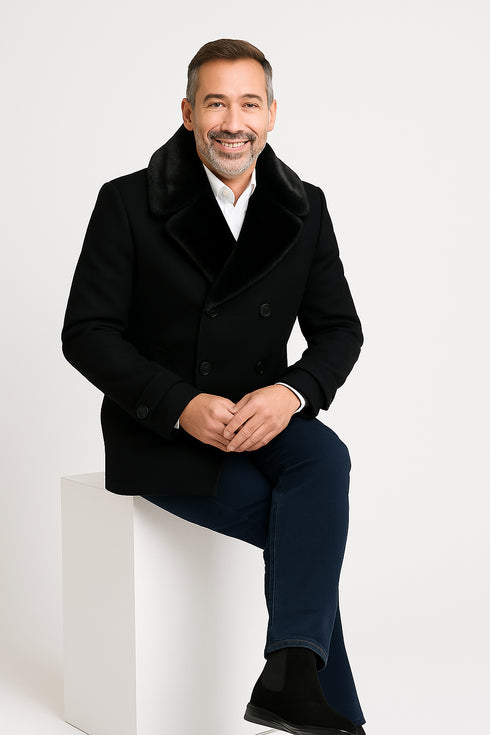 Mens Black Peacoat Wool Overcoat with Faux Fur Shawl Collar – Double-Breasted Winter Peacoat