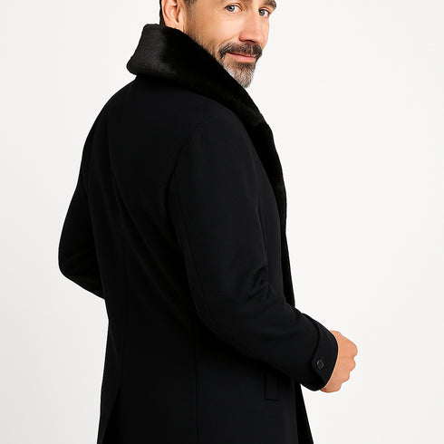 Mens Black Peacoat Wool Overcoat with Faux Fur Shawl Collar – Double-Breasted Winter Peacoat