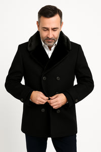 Mens Black Peacoat Wool Overcoat with Faux Fur Shawl Collar – Double-Breasted Winter Peacoat