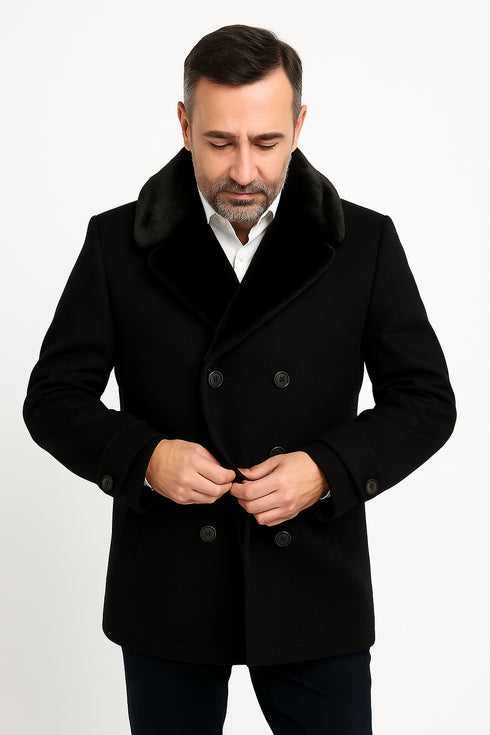 Mens Black Peacoat Wool Overcoat with Faux Fur Shawl Collar – Double-Breasted Winter Peacoat