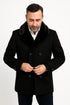 Mens Black Peacoat Wool Overcoat with Faux Fur Shawl Collar – Double-Breasted Winter Peacoat