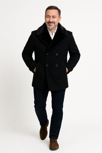 Mens Black Peacoat Wool Overcoat with Faux Fur Shawl Collar – Double-Breasted Winter Peacoat