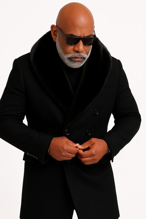Mens Black Double-Breasted Overcoat with Oversized Faux Fur Collar – Winter Luxury Coat