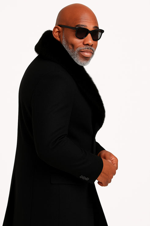 Mens Black Double-Breasted Overcoat with Oversized Faux Fur Collar – Winter Luxury Coat
