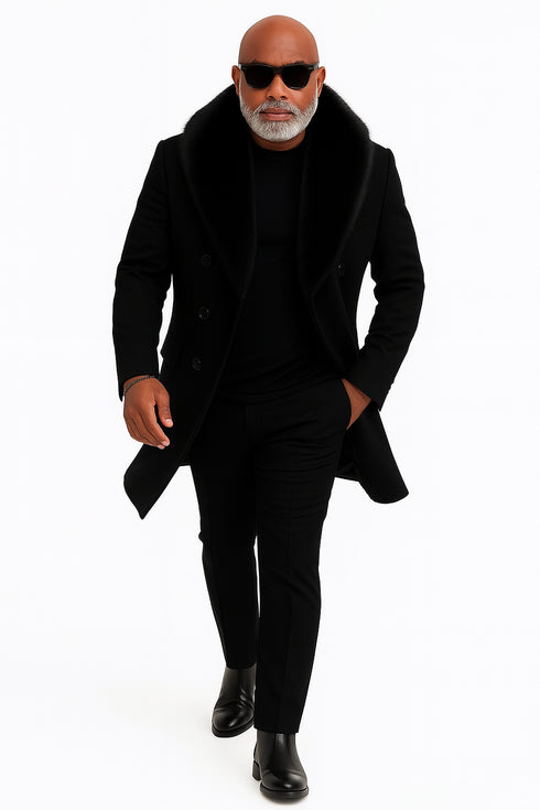 Mens Black Double-Breasted Overcoat with Oversized Faux Fur Collar – Winter Luxury Coat