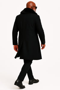 Mens Black Double-Breasted Overcoat with Oversized Faux Fur Collar – Winter Luxury Coat
