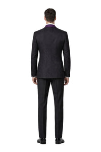 Mens Black With Purple Velvet Lapel 3-Piece Tailored-Fit Tuxedo