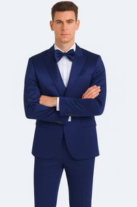 Tazzio Men's Blue Satin Double Breasted 3 Piece Skinny Fit Suit with Peak Lapel Vest and Matching Bowtie – Formal Tuxedo Style