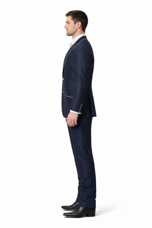 Western Suit - Cowboy Tuxedo With Trim Collar - Slim Fitted Jacket And Pants - Blue and White Tuxedo