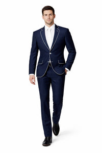 Western Suit - Cowboy Tuxedo With Trim Collar - Slim Fitted Jacket And Pants - Blue and White Tuxedo