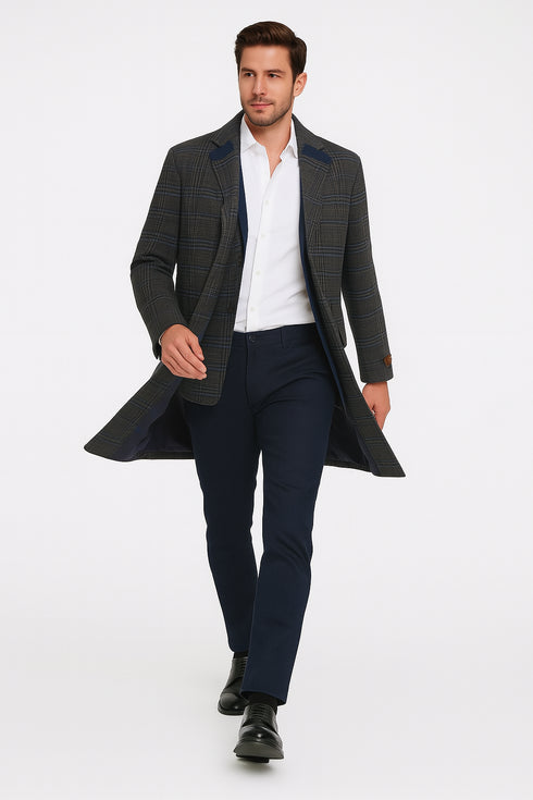Men’s Blue and Grey Glen Plaid Wool Overcoat – Classic Long Winter Coat - Chesterfield Blue Collar