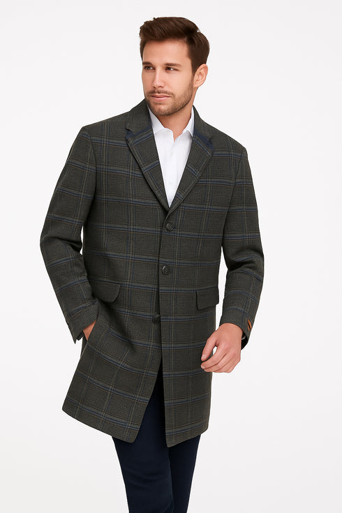 Men’s Blue and Grey Glen Plaid Wool Overcoat – Classic Long Winter Coat - Chesterfield Blue Collar