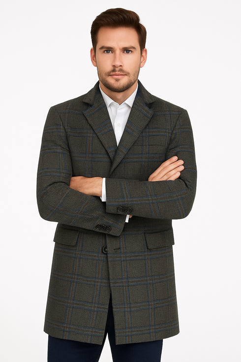 Men’s Blue and Grey Glen Plaid Wool Overcoat – Classic Long Winter Coat - Chesterfield Blue Collar