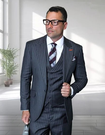 Statement Men's 100% Wool Pinstripe 3 Piece Suit - Peak Lapel