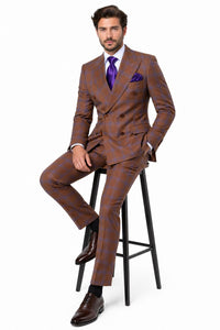 Men’s Brown Plaid Double-Breasted Suit – Premium 2-Piece Classic Checkered Windowpane Suit by Rossiman