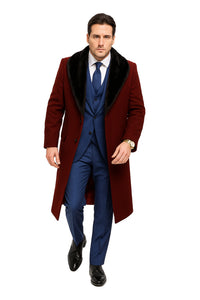 Burgundy Overcoat ~ Long Men's Dress Topcoat - Winter Coat With Fur Collar