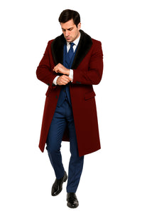 Burgundy Overcoat ~ Long Men's Dress Topcoat - Winter Coat With Fur Collar
