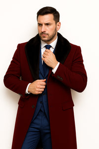 Burgundy Overcoat ~ Long Men's Dress Topcoat - Winter Coat With Fur Collar