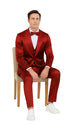 Burgundy Satin Skinny Fit Tazzio 3 Piece Men's Suit with Double Breasted Vest & Peak Lapel Jacket
