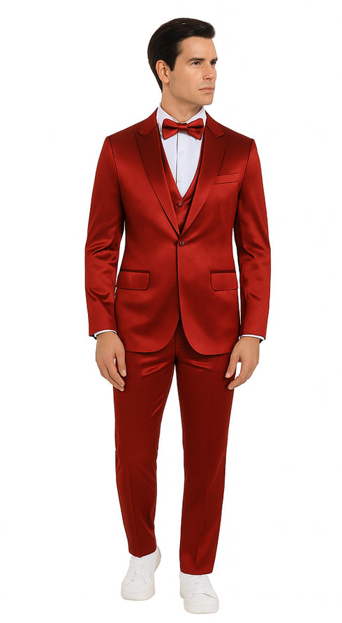 Burgundy Satin Skinny Fit Tazzio 3 Piece Men's Suit with Double Breasted Vest & Peak Lapel Jacket