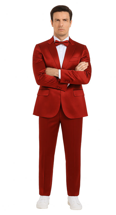 Burgundy Satin Skinny Fit Tazzio 3 Piece Men's Suit with Double Breasted Vest & Peak Lapel Jacket