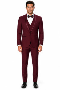 Mens One Button Satin Trim Shawl Tuxedo in Burgundy Wool