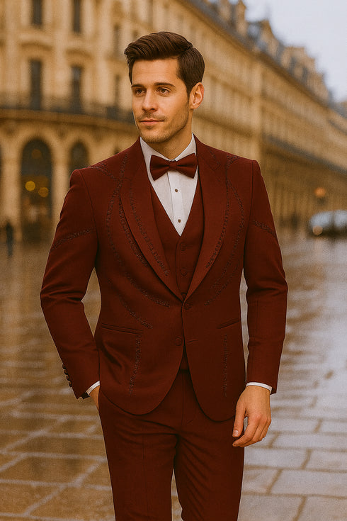 Men’s Burgundy Italian Wool 3-Piece Modern Formal Tuxedo