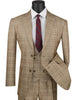 Mens 2 Button Vested Peak Lapel Plaid Windowpane Suit in Camel