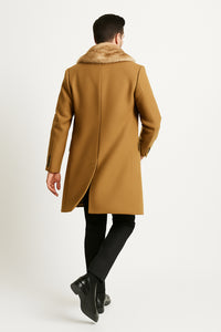 Mens Camel Overcoat with Light Faux Fur Collar – Single-Breasted Wool Dress Coat