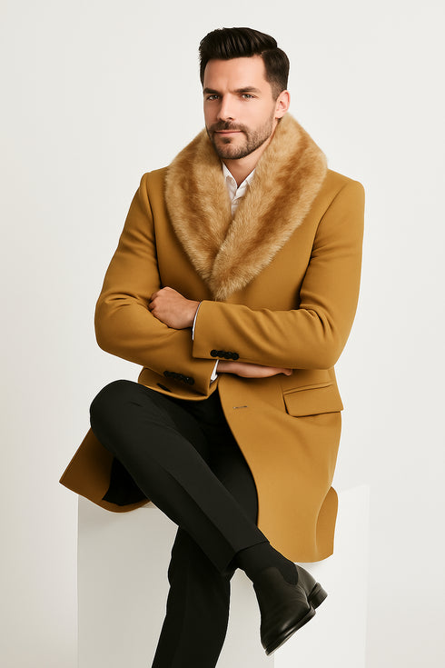 Mens Camel Overcoat with Light Faux Fur Collar – Single-Breasted Wool Dress Coat