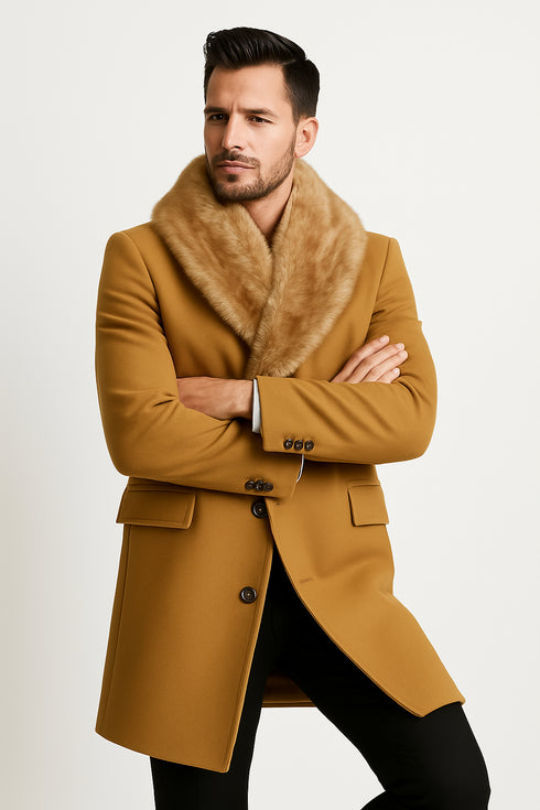 Mens Camel Overcoat with Light Faux Fur Collar – Single-Breasted Wool Dress Coat