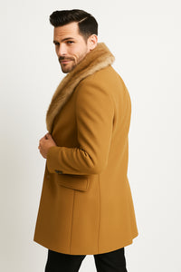 Mens Camel Overcoat with Light Faux Fur Collar – Single-Breasted Wool Dress Coat