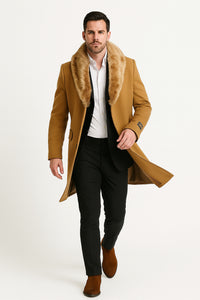 Mens Camel Overcoat with Light Faux Fur Collar – Single-Breasted Wool Dress Coat