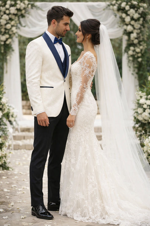 Men’s White Metallic Flake Navy Tuxedo – 3-Piece Tailored-Fit Set