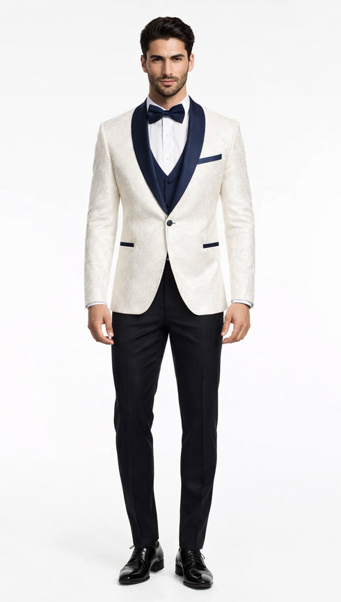 Men’s White Metallic Flake Navy Tuxedo – 3-Piece Tailored-Fit Set