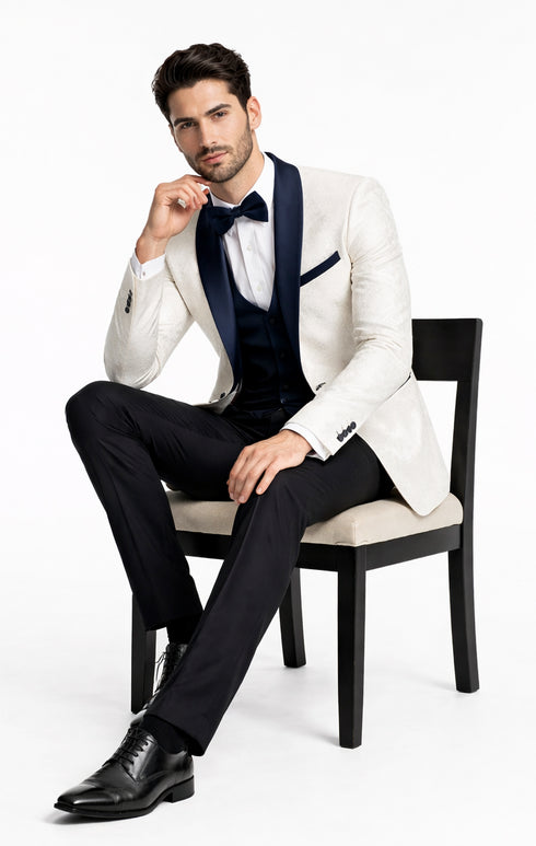 Men’s White Metallic Flake Navy Tuxedo – 3-Piece Tailored-Fit Set
