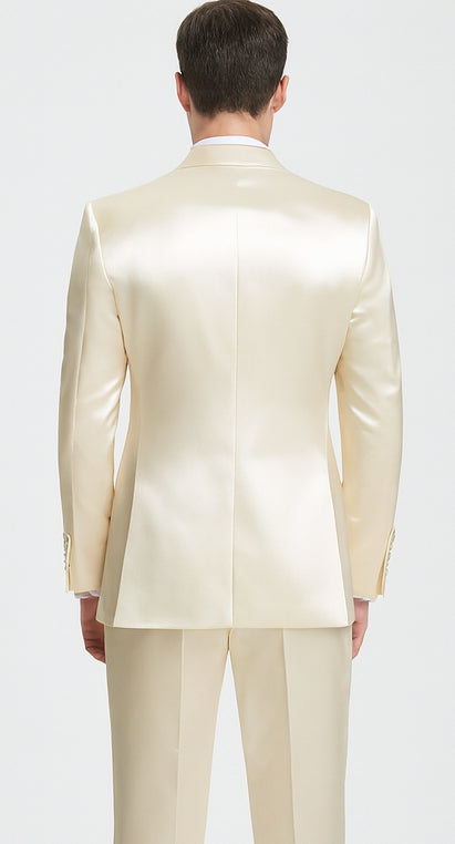 Men's Champagne Satin Double Breasted 3 Piece Skinny Fit Tazzio Suit with Peak Lapel and Matching Bowtie
