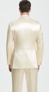 Men's Champagne Satin Double Breasted 3 Piece Skinny Fit Tazzio Suit with Peak Lapel and Matching Bowtie