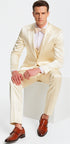 Men's Champagne Satin Double Breasted 3 Piece Skinny Fit Tazzio Suit with Peak Lapel and Matching Bowtie