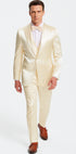 Men's Champagne Satin Double Breasted 3 Piece Skinny Fit Tazzio Suit with Peak Lapel and Matching Bowtie
