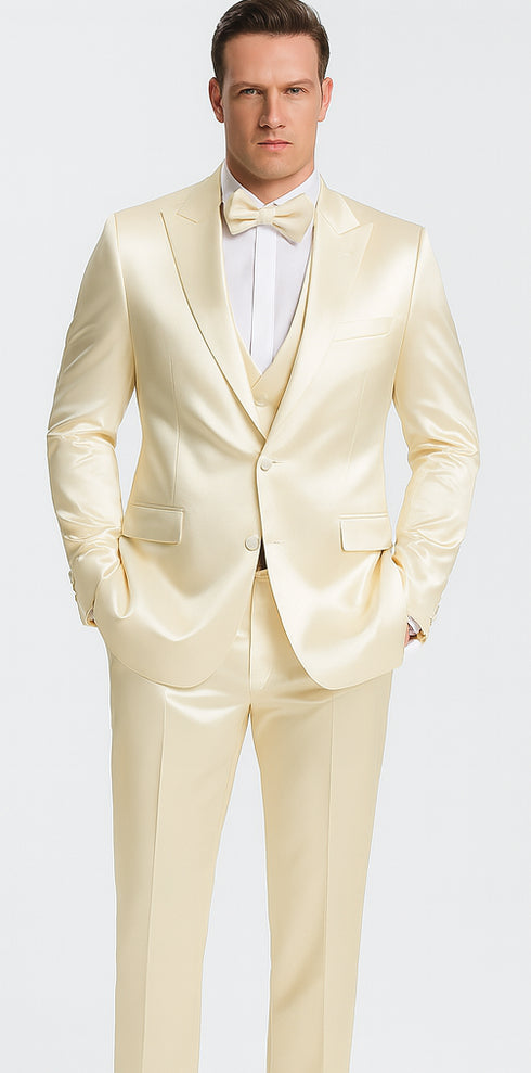 Men's Champagne Satin Double Breasted 3 Piece Skinny Fit Tazzio Suit with Peak Lapel and Matching Bowtie