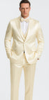 Men's Champagne Satin Double Breasted 3 Piece Skinny Fit Tazzio Suit with Peak Lapel and Matching Bowtie