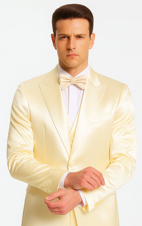 Men's Champagne Satin Double Breasted 3 Piece Skinny Fit Tazzio Suit with Peak Lapel and Matching Bowtie