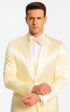 Men's Champagne Satin Double Breasted 3 Piece Skinny Fit Tazzio Suit with Peak Lapel and Matching Bowtie